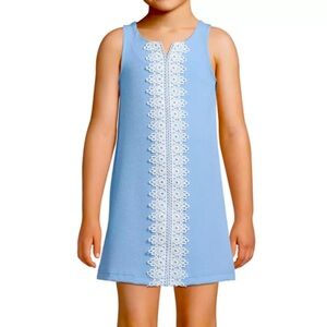 Pappagallo blue sleeveless white lace trim, front girls shift dress size small
